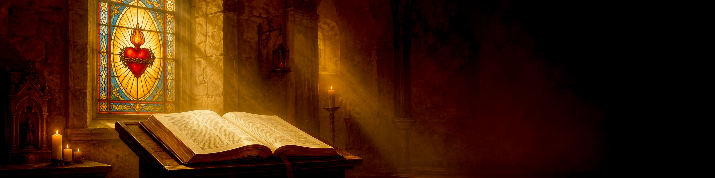 A stained-glass Sacred Heart above an open Bible glowing in a warm, candlelit church
