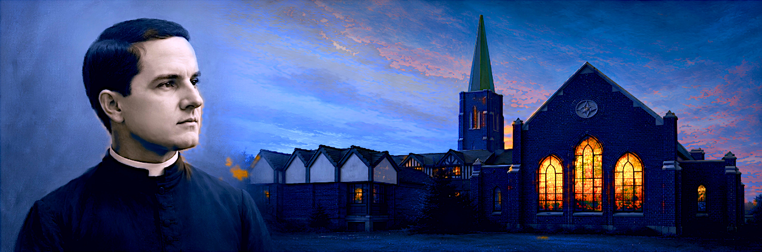 Blessed Michael McGivney overlooking Sacred Heart Church at dusk